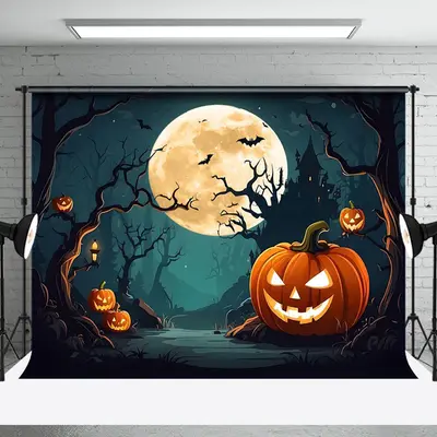 Aperturee Country Road Night Pumpkin Villa Halloween Backdrop - Aperturee