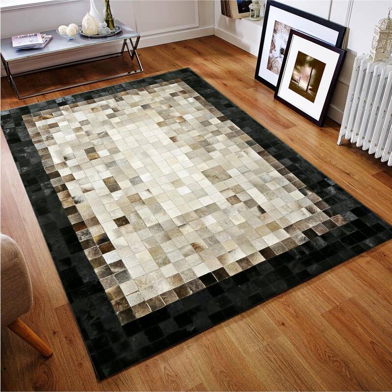 Genuine Beige Cowhide Patchwork Rug with Black Border
