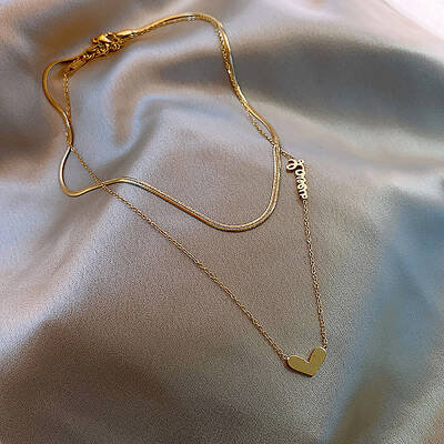 Stainless Steel Double Layer Heart Pendant Lock Collarbone Chain Necklaces for Daily Wear