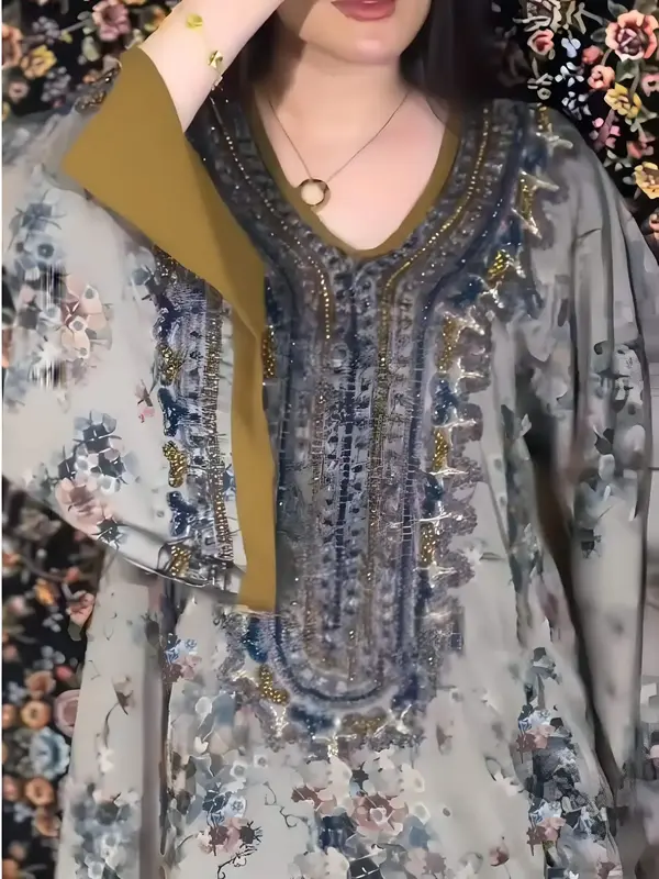 Women's Floral Print Beaded Embroidery Dress, Fashion Long Sleeve V Neck Long Dress for Daily Holiday Vacation Wear, Holiday...