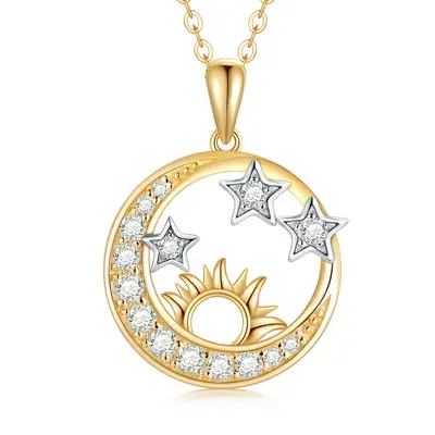 14K Gold Moissanite Moon & Sun With Star Pendant Necklace For Women