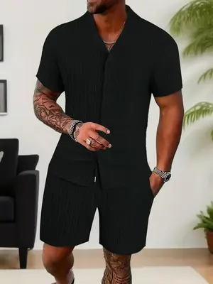 Men's Solid Button Front Co-ord Set, Casual Lapel Shirt & Drawstring Waist Shorts Set for Summer, Comfy Chic Men's Two-piece ...