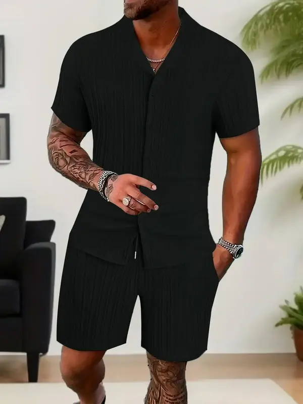 Men's Solid Button Front Co-ord Set, Casual Lapel Shirt & Drawstring Waist Shorts Set for Summer, Comfy Chic Men's Two-piece ...