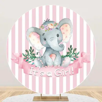 Pink Stripe Elephant Leaf Round Baby Shower Backdrop - Aperturee