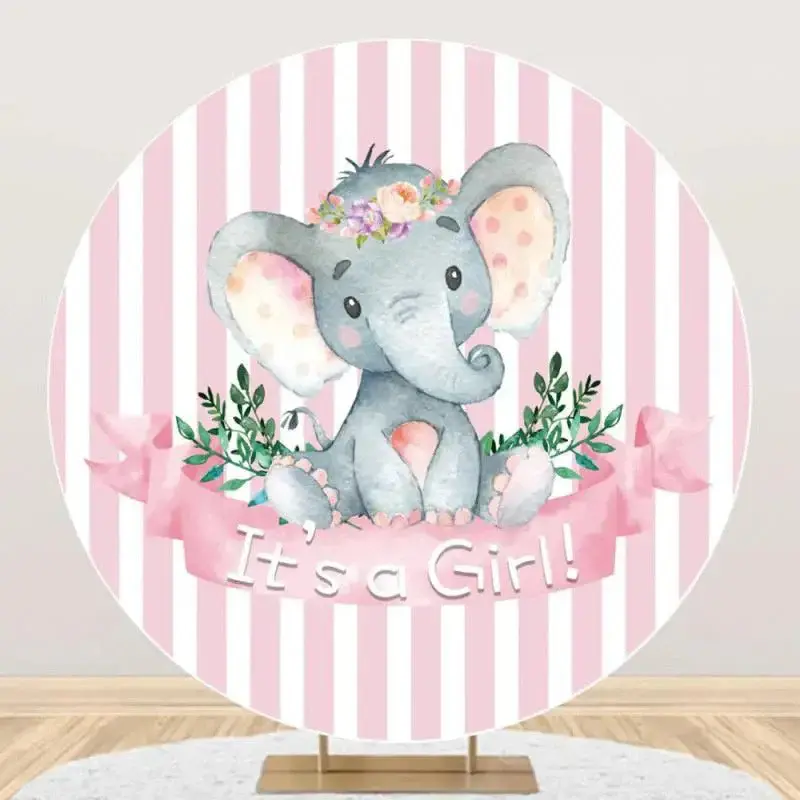 Pink Stripe Elephant Leaf Round Baby Shower Backdrop - Aperturee