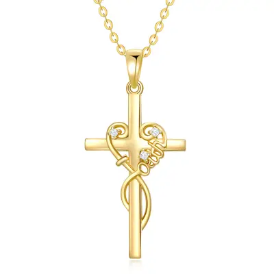 14K Gold Circular Shaped Cubic Zirconia Cross Pendant Necklace