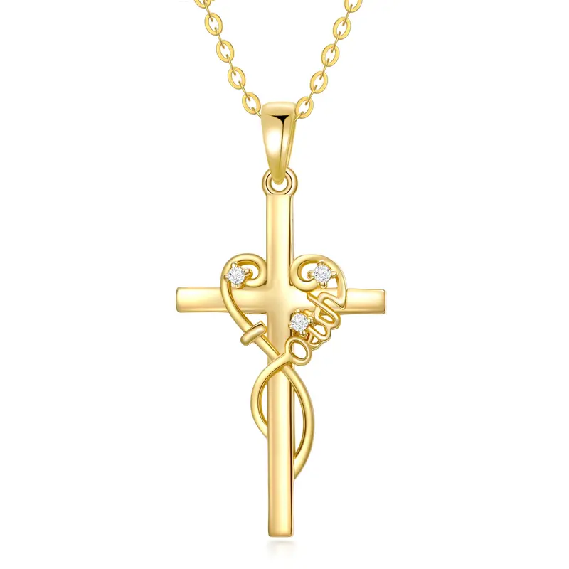 14K Gold Circular Shaped Cubic Zirconia Cross Pendant Necklace