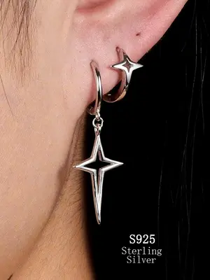925 Sterling Silver Star Design Earrings, Minimalist Asymmetrical Design Earrings for Women, Fashionable Jewelry for Party, D...