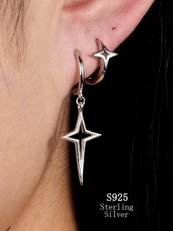 925 Sterling Silver Star Design Earrings, Minimalist Asymmetrical Design Earrings for Women, Fashionable Jewelry for Party, D...