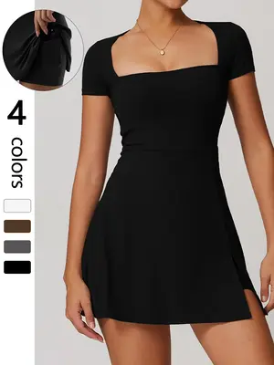 Sporty Women's Plain 2-IN-1 Split Thigh Built-In Shorts Sports Dress, Sports Short Sleeve Square Neck Pocket Dress for Tennis...