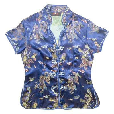 XUAN TANG Womens Printed Top Blue V-Neck Crazy Pattern M