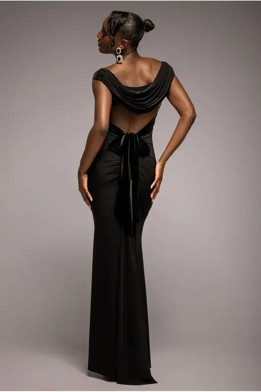 Goddiva Open Back Cowl Neck Gathered Maxi Dress With Velvet Tie Back - Black
