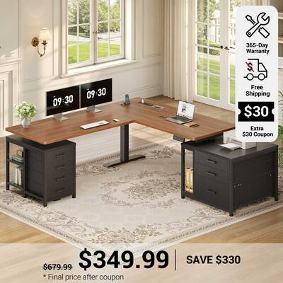 SEDETA | 63 Inch Sit Stand Desk with Storage Shelves 3 Memory Presets Height Adjustable Stand Up Desk with Power Outlets L Sh...
