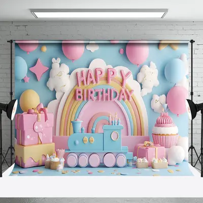Aperturee Fairy Rainbow Balloons Train Cake Smash Backdrop, 3X2FT(1MX0.6M), 14 USD, birthday cake smash backdrops, NYHD1J32-M