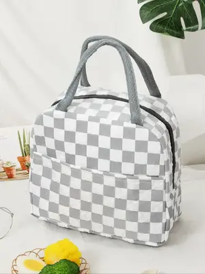 Plaid Pattern Portable Insulated Lunch Bag, Waterproof Lunch Box Bag with Zipper for Women & Men, Casual Trendy Versatile H...