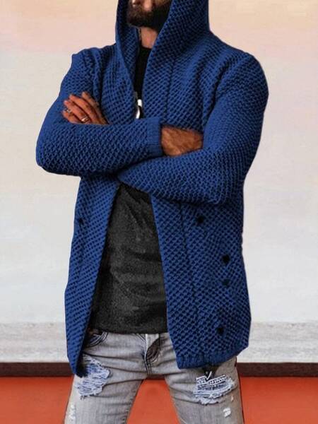 Solid Hooded Holey Sweater Coat, Blue / 5XL
