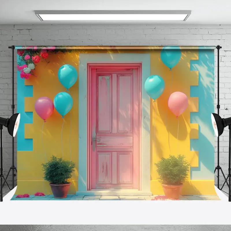 Retro Blue Yellow Pink Plant Door Backdrop For Photo - Aperturee