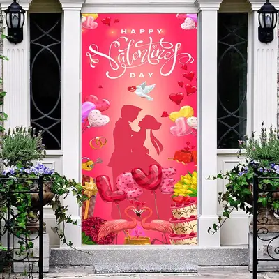 Lovely Couple Flamingo Red Valentines Day Door Cover - Aperturee