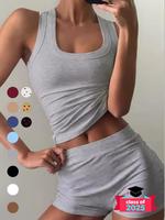 Women's Solid Ribbed Tank Top & Shorts, Casual Fashion Square Neck Sleeveless Top & Shorts for Daily Outdoor Wear, Matching W...