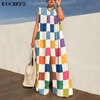UOOZEE Women's Loose Sleeveless Plaid Jumpsuit Dressy Linen Romper Cotton Blend Overalls for Everyday Wear Chic Lightweight C...