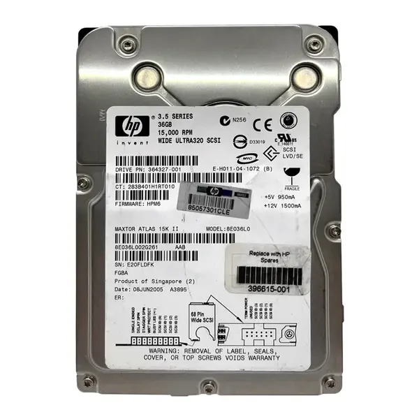 396615-001 HP 36.4GB Ultra-320 SCSI 15000 3.5-inch 8MB Hard Drive