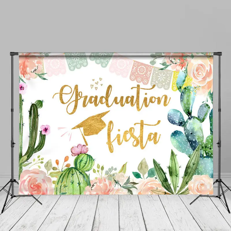 Pink Floral Cactus Graduation Fiesta Photo Backdrop - Aperturee