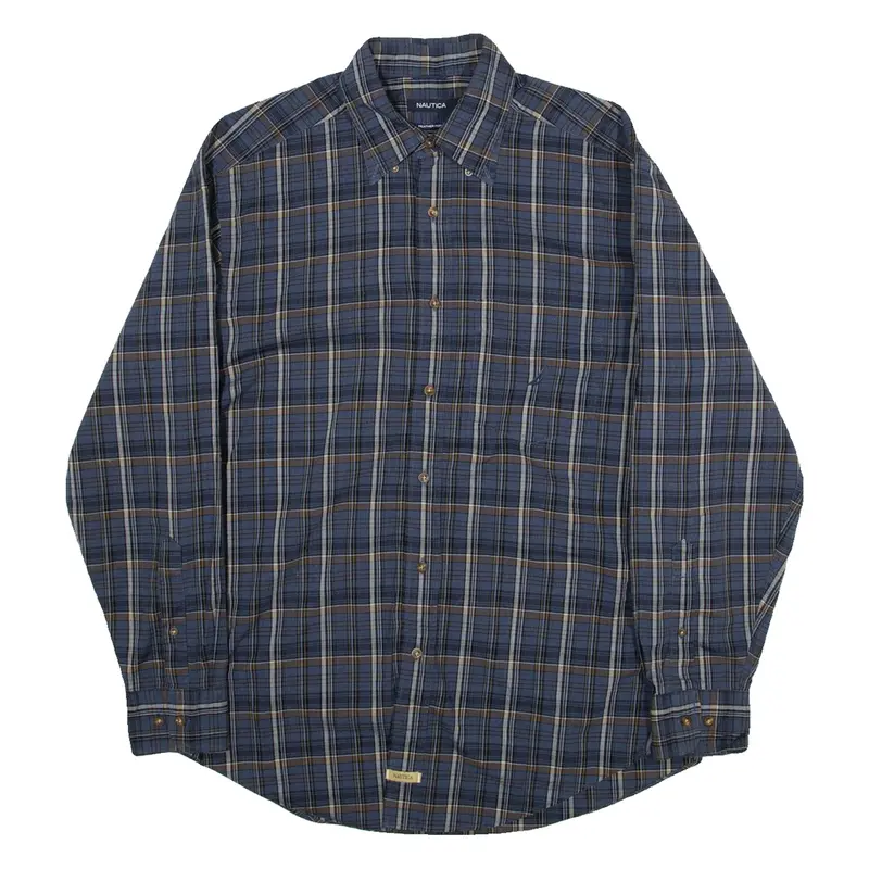 NAUTICA Heather Poplin Mens Shirt Blue Check Long Sleeve M