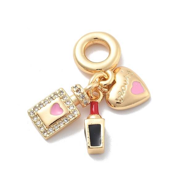 Brass Pink Enamel & Clear Cubic Zirconia Dangle Charms