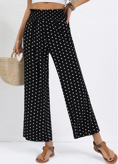 Modlily Black Polka Dot Wide Leg Elastic Waist Pants - L