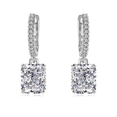 Rectangle 925 Sterling Silver Micro Pave Clear Cubic Zirconia Dangle Hoop Earrings for Woman