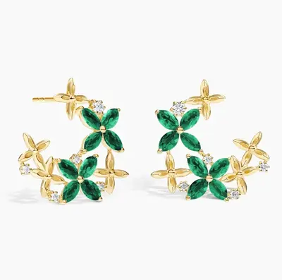 10K Gold Marquise Cut Emerald Floral Lattice Diamond Hoop Earrings