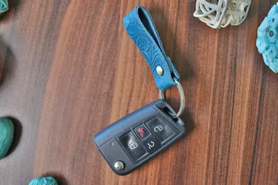 Blue Leather Keychain , Real Leather, Same Day Shipping, Free Shipping US
