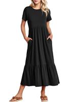 ZEAGOO Womens Casual Dresses with Pockets Flowy Maxi Dress for Womens Crewneck Short Sleeve Summer Long Dress Beach Comfort