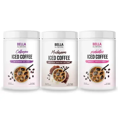 Bella All Natural Iced Coffee Bundle - (1 Collagen Coffee, 1 Mushroom Coffee, 1 Probiotics Coffee)