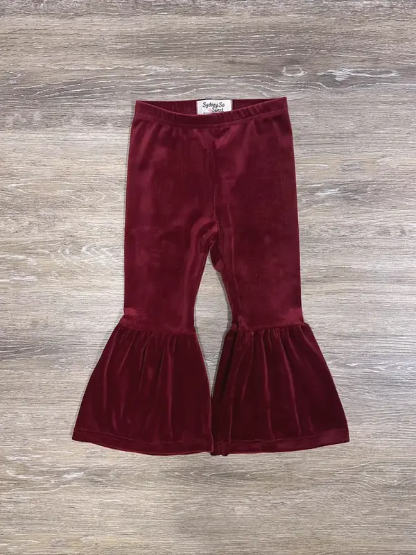 SYDNEY SO SWEET Burgundy Girls Velvet Bell Bottoms Flare Jeans Elastic Waistband Cotton Poly Blend Machine Washable Fall Coll...