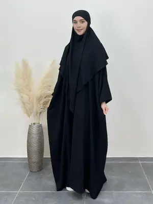 Arabic Clothing-women's Solid Long Sleeve Kaftan & Khimar Set, Modest Elegant Batwing Sleeve Islamic Set, Modesty Clothing, K...