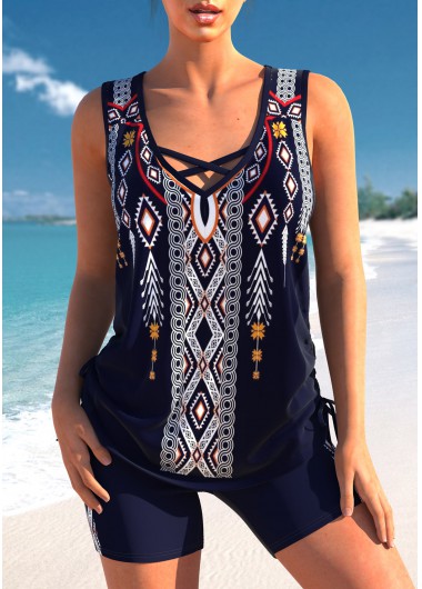 Modlily Criss Cross Tribal Print Navy Tankini Top - S