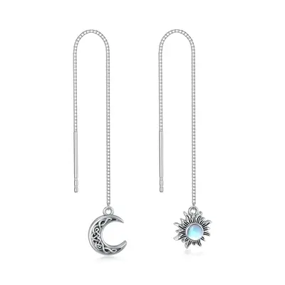 Sterling Silver Circular Shaped Moonstone Moon & Sun Drop Earrings