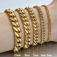 3/5/7/9/11MM Gold Plated Stainless Steel Curb Cuban Link Chain Bracelet 7/8/9/10/11\