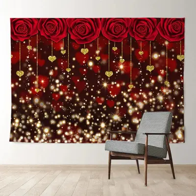 Aperturee Red Rose With Glitter Heart Valentine Backdrop