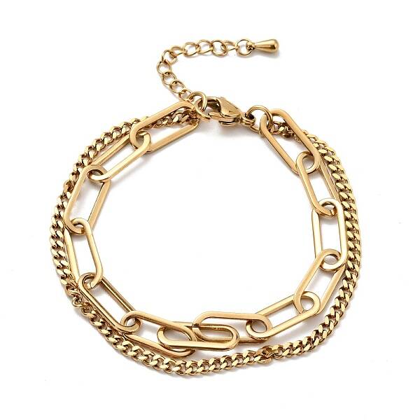 PVD Vacuum Plating 201 Stainless Steel Paper & Curb Chains Double Layered Multi-strand Bracelet for Women