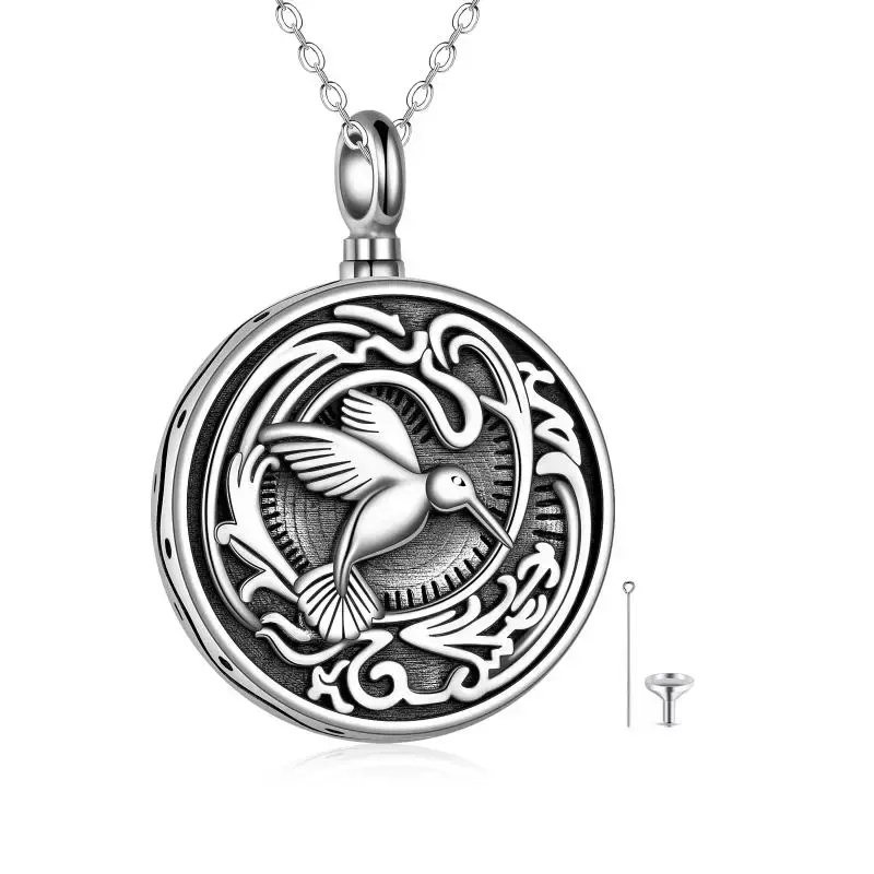 Sterling Silver Hummingbird Urn Necklace for Ashes with Engraved Word