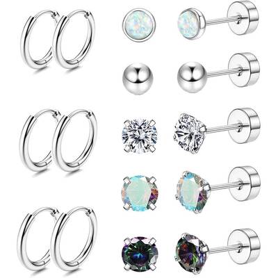Jstyle 8 Pairs Surgical Steel Earrings for Sensitive Ears Hypoallergenic 20G Stainless Steel Stud Hoop Earrings for Wome