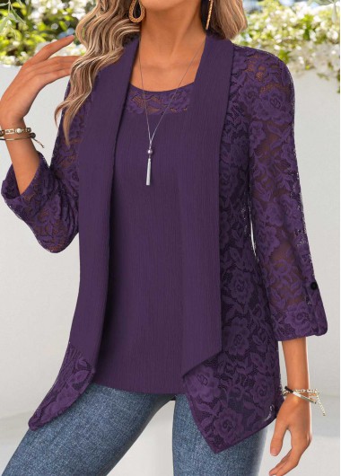Modlily Purple Tummy Coverage 3/4 Sleeve Cardigan and Tank Top - L