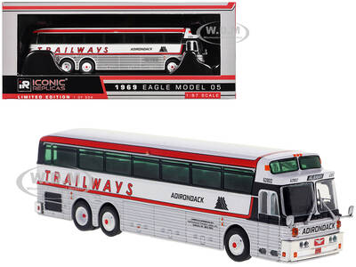 1969 Eagle Model 05 Coach Bus Adirondack Trailways White and Red Limited Edition to 504 pieces Worldwide 1/87 (HO) Diecast Mo...