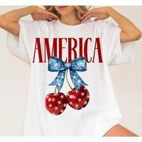 American Flag Cherry Bow T-Shirt, Fourth of July, Patriotic Tee, Independence Day, American Flag Themed, Holiday Outfit