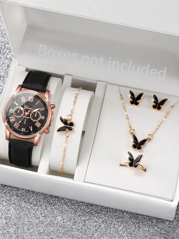 Women's 6pcs/set Luxury Fashion Elegant Temperament Round Dial Quartz Watch with Butterfly Charm Bracelet & Necklace & Ring &...