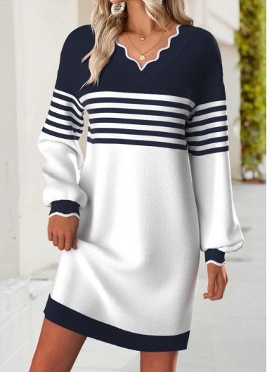 Modlily Navy Striped Short Long Sleeve V Neck Dress - L