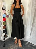 Women's Plain Pocket Zipper Back Dress, Casual Sleeveless Halter Neck A Line Dress for Summer, Ladies Clothes for Beach Holid...