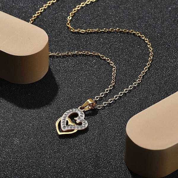 304 Stainless Steel Crystal Rhinestone Heart Pendant Cable Chain Necklaces for Women